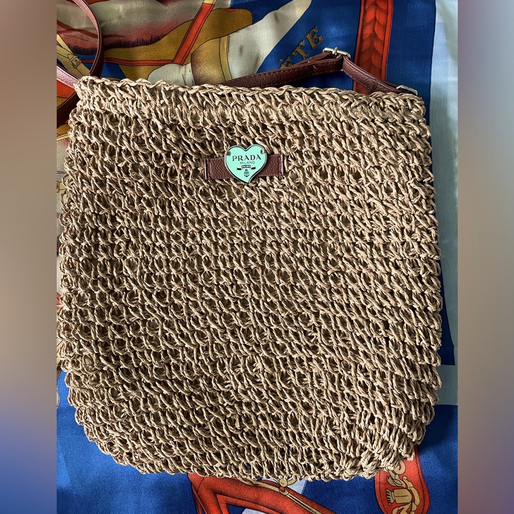 Up Cycle Prada Charm on a Brown Boho Chic Summer Woven Straw Crossbody Bag